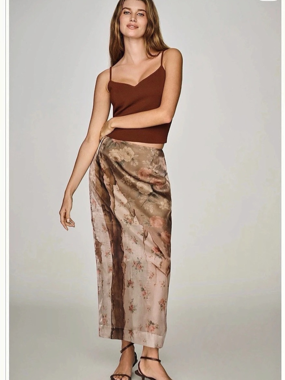 MUSE ASSEMBLY Nora Maxi Skirt Floral Midi Skirt in Brown & Pink Size Small